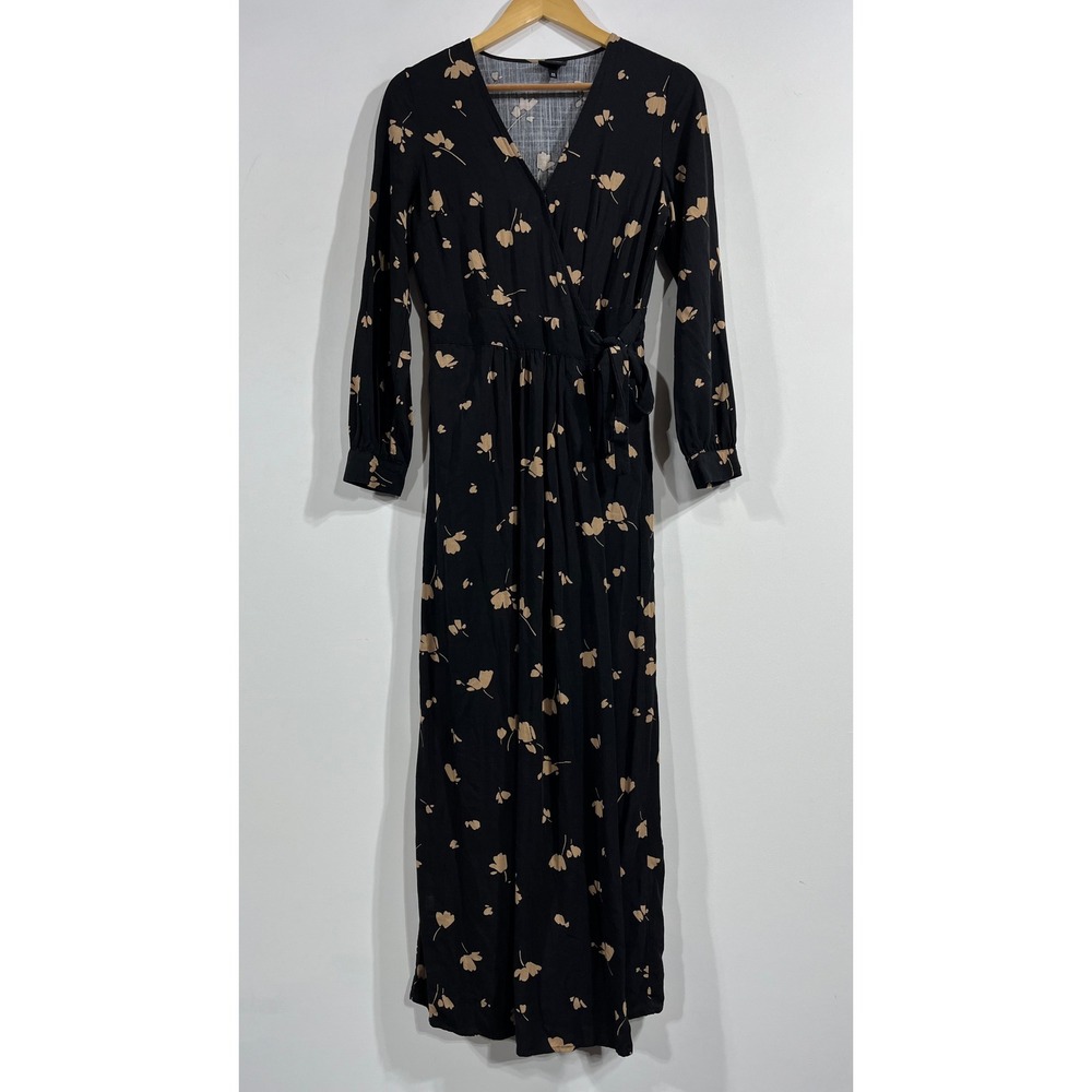 Womens Dark Floral Romantic Prairie Wrap Maxi Dress Black XS Event Whimsigoth